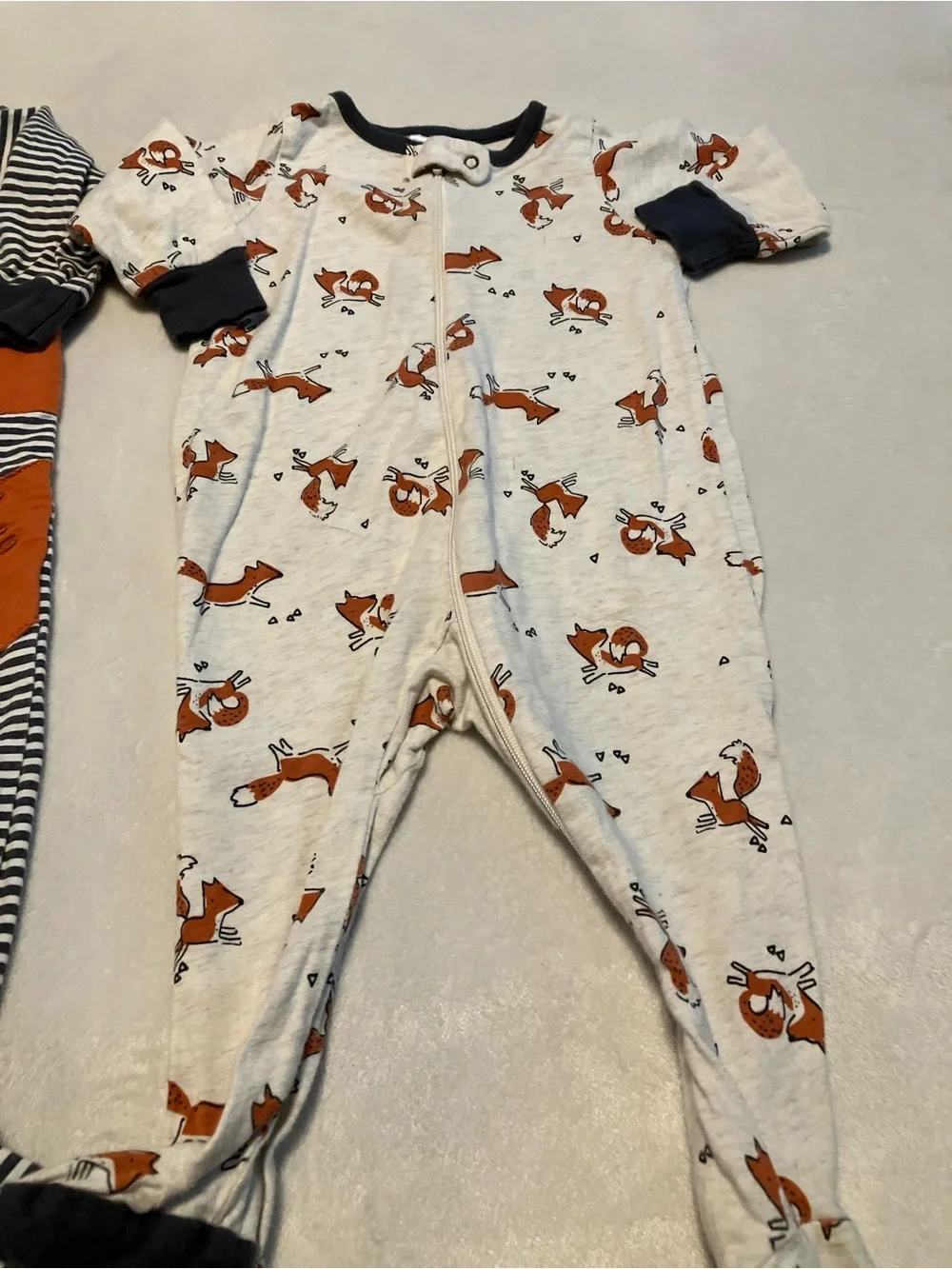 Striped Navy and White Fox One-Piece Sleepers with Fox Print